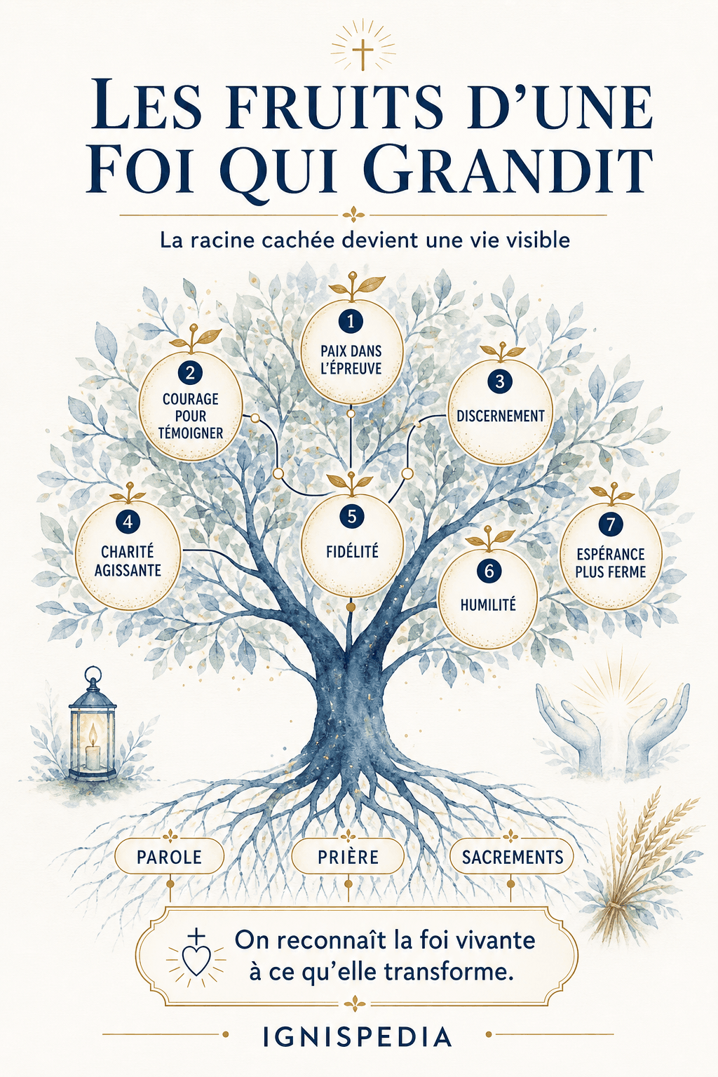 Arbre présentant les sept fruits visibles d'une foi qui grandit