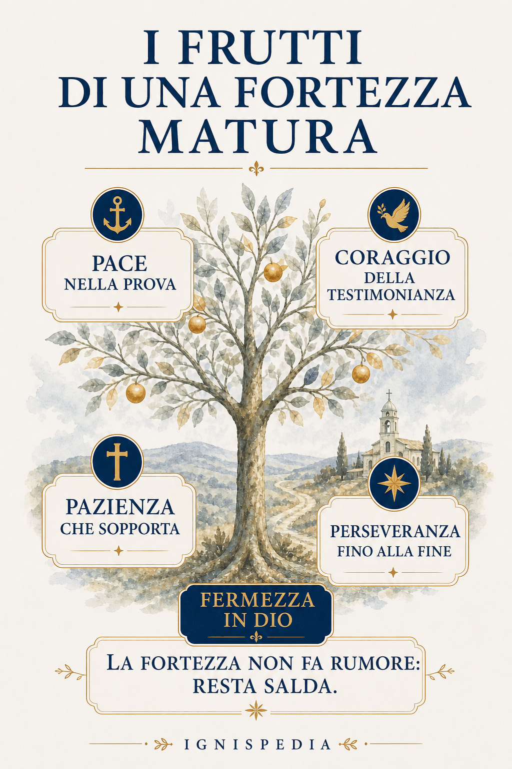 Infografica dei frutti della fortezza: costanza, pace, testimonianza, perseveranza