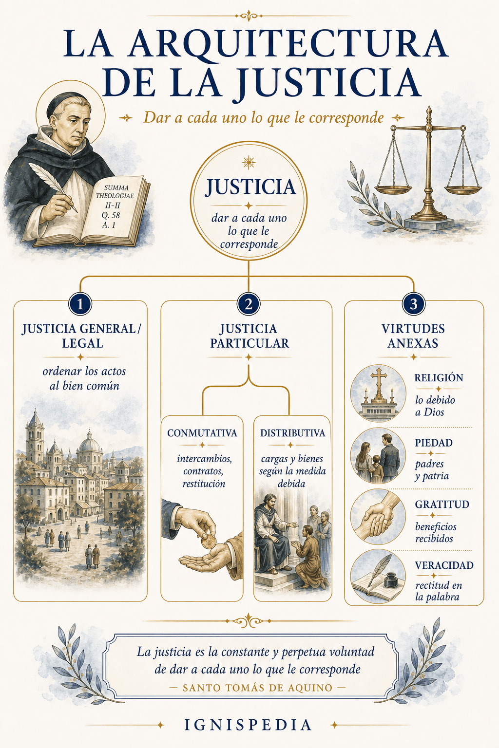Infografía Ignispedia sobre la arquitectura de la justicia según santo Tomás de Aquino: justicia general, justicia particular, justicia conmutativa, justicia distributiva y virtudes anexas.