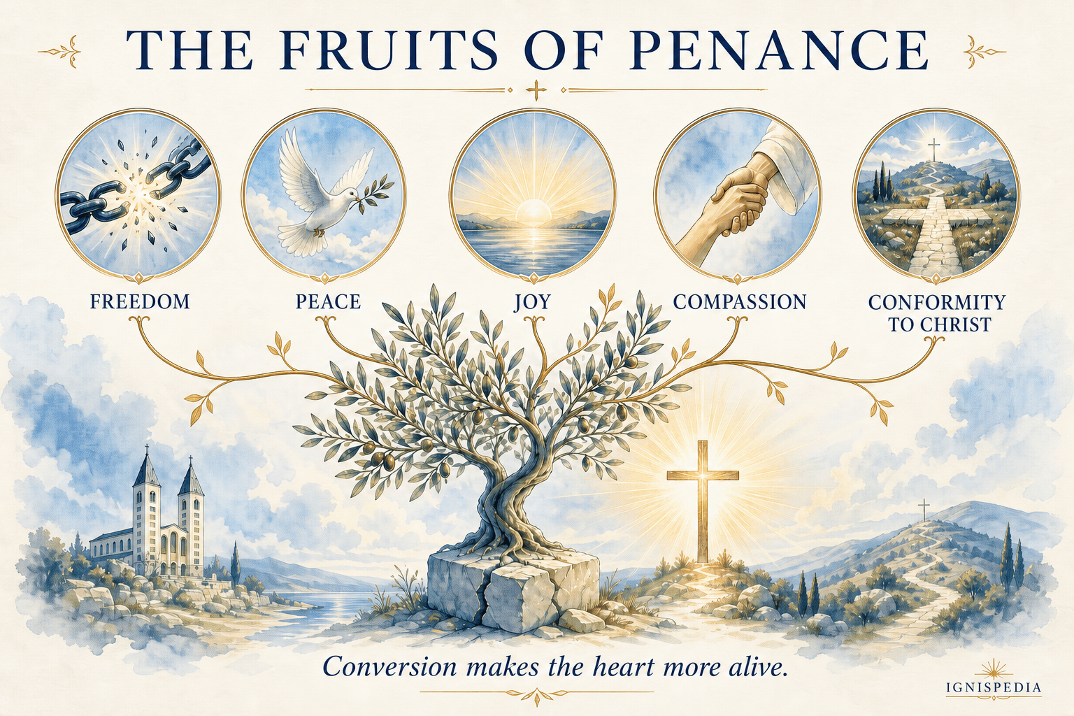 The spiritual fruits of penance: freedom, peace, joy, compassion, and configuration to Christ