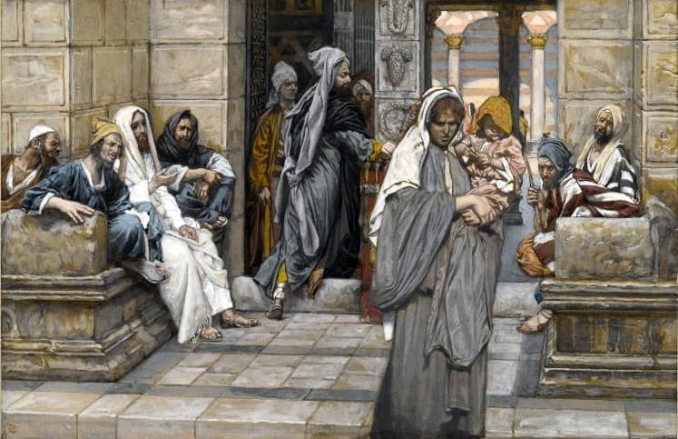 Die Witwe legt ihre Opfergabe im Tempel nieder, Aquarell von James Tissot