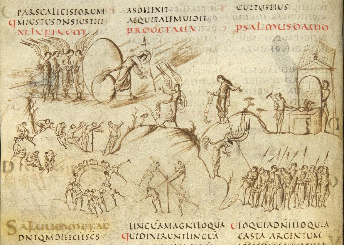 Página iluminada del salterio de Utrecht (hacia 820–835)