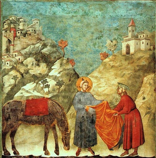 Der heilige Franz von Assisi gibt einem Armen seinen Mantel, Fresko von Giotto, Assisi