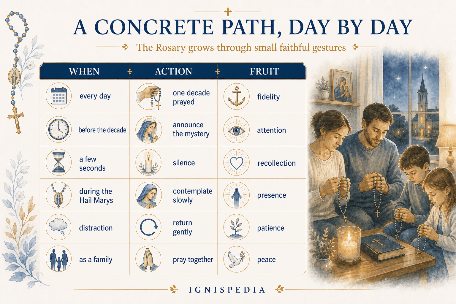 Ignispedia infographic summarizing a concrete day-by-day path for growing in the Rosary: when to pray, which practice to adopt and which fruit to seek.