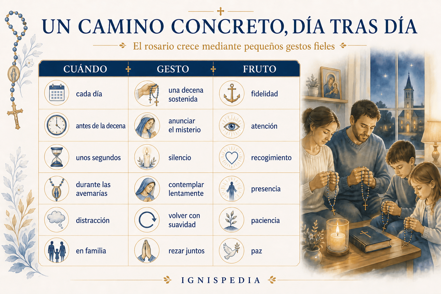 Infografía Ignispedia que resume un camino concreto para crecer en el rosario día tras día: cuándo rezar, qué gesto realizar y qué fruto esperar.
