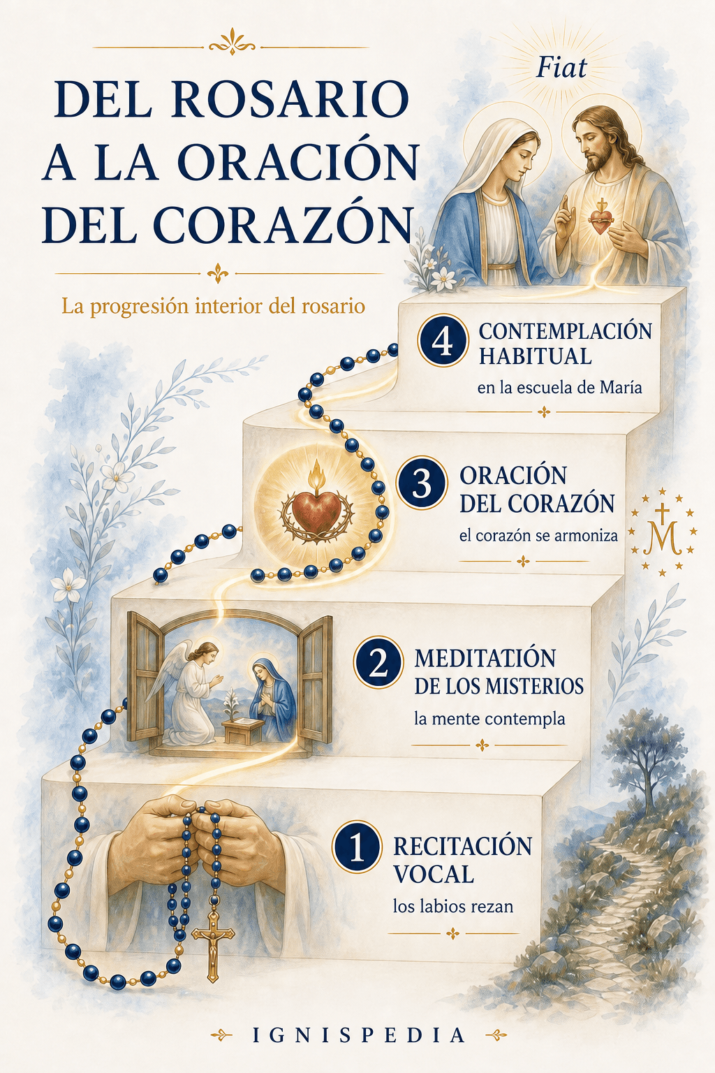 Infografía Ignispedia que muestra la progresión del rosario rezado hacia la oración del corazón en cuatro etapas: recitación vocal, meditación de los misterios, oración del corazón y contemplación habitual.