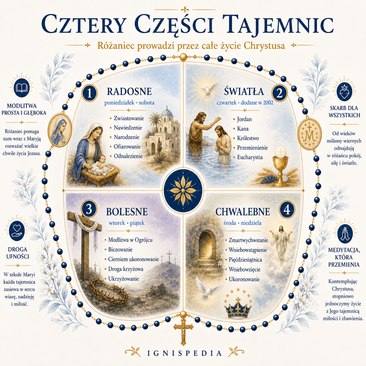 Infografika Ignispedia w formie koła przedstawiająca cztery części tajemnic różańca: radosne, światła, bolesne i chwalebne, z ich dniami i tajemnicami.