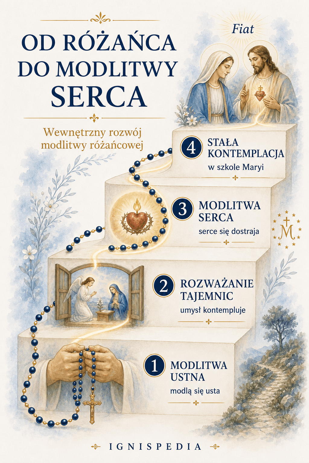 Infografika Ignispedia ukazująca przejście od odmawiania różańca do modlitwy serca w czterech etapach: modlitwa ustna, medytacja tajemnic, modlitwa serca i zwyczajna kontemplacja.