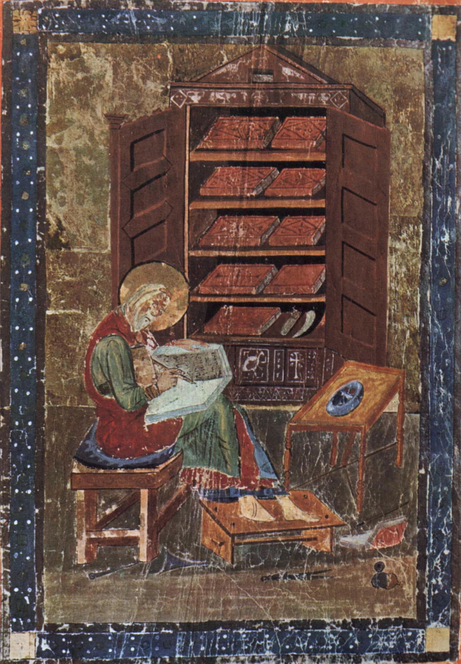 Ezra the scribe writing before his bookcase, Codex Amiatinus, about 700