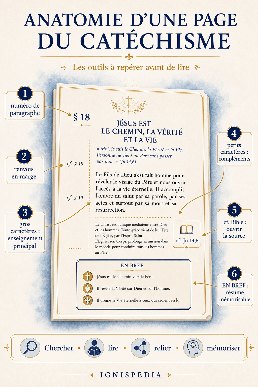 Infografik zur Anatomie einer Katechismus-Seite: Verweise, Schriftgrößen, Schriftstellen und Rahmen „In Kürze“