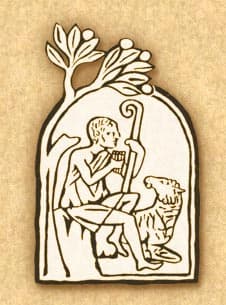 Emblema del Catechismo della Chiesa Cattolica, tratto da una pietra funeraria cristiana delle catacombe di Domitilla