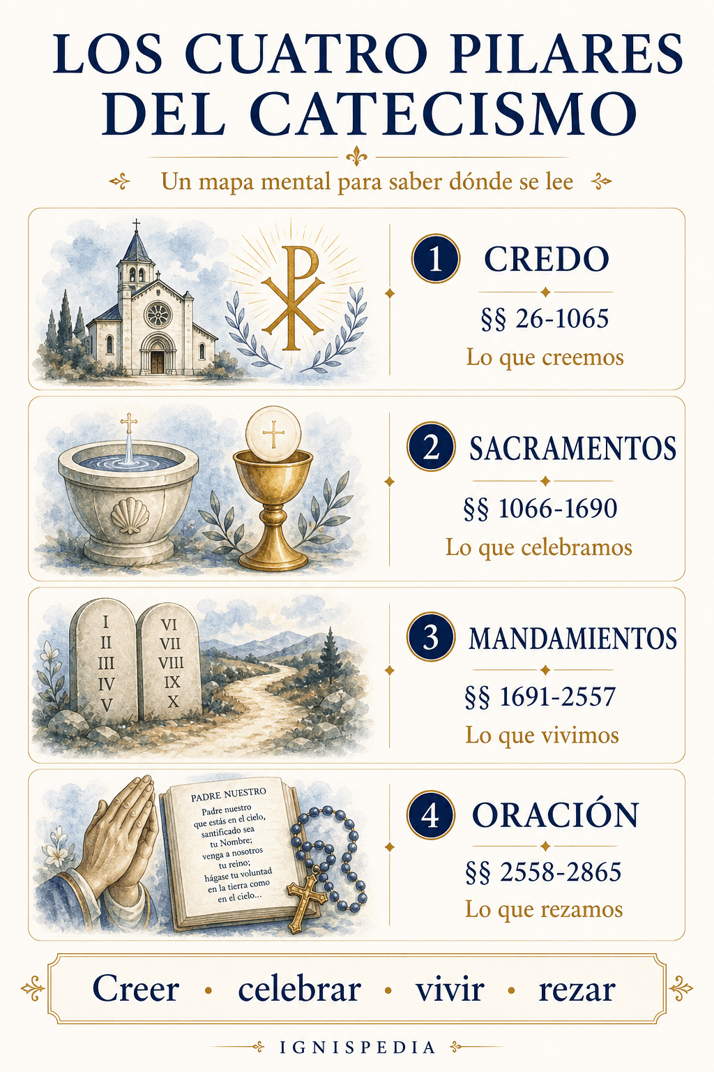 Infografía de los cuatro pilares del Catecismo: Credo, sacramentos, mandamientos y oración