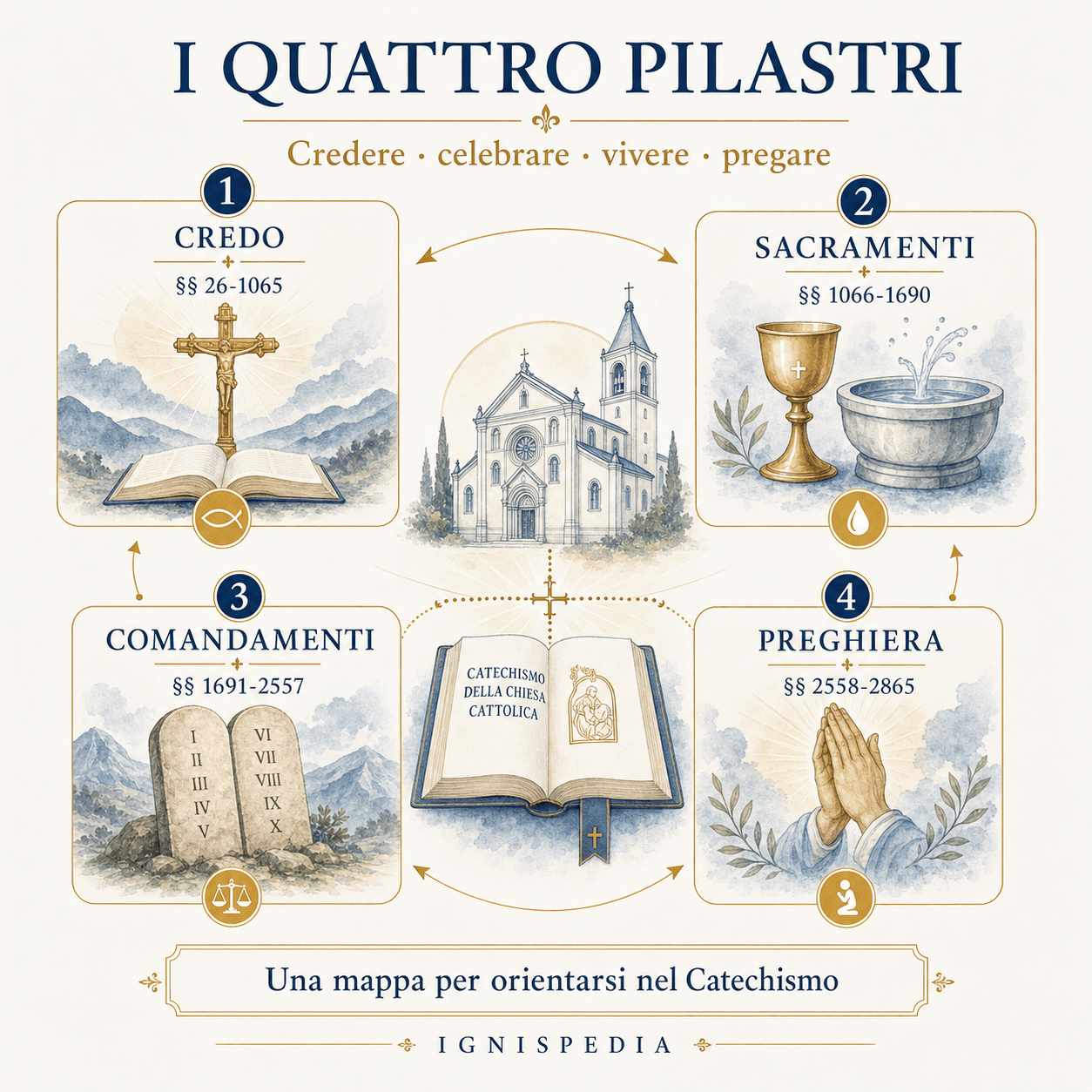 Infografia dei quattro pilastri del Catechismo: Credo, sacramenti, comandamenti e preghiera