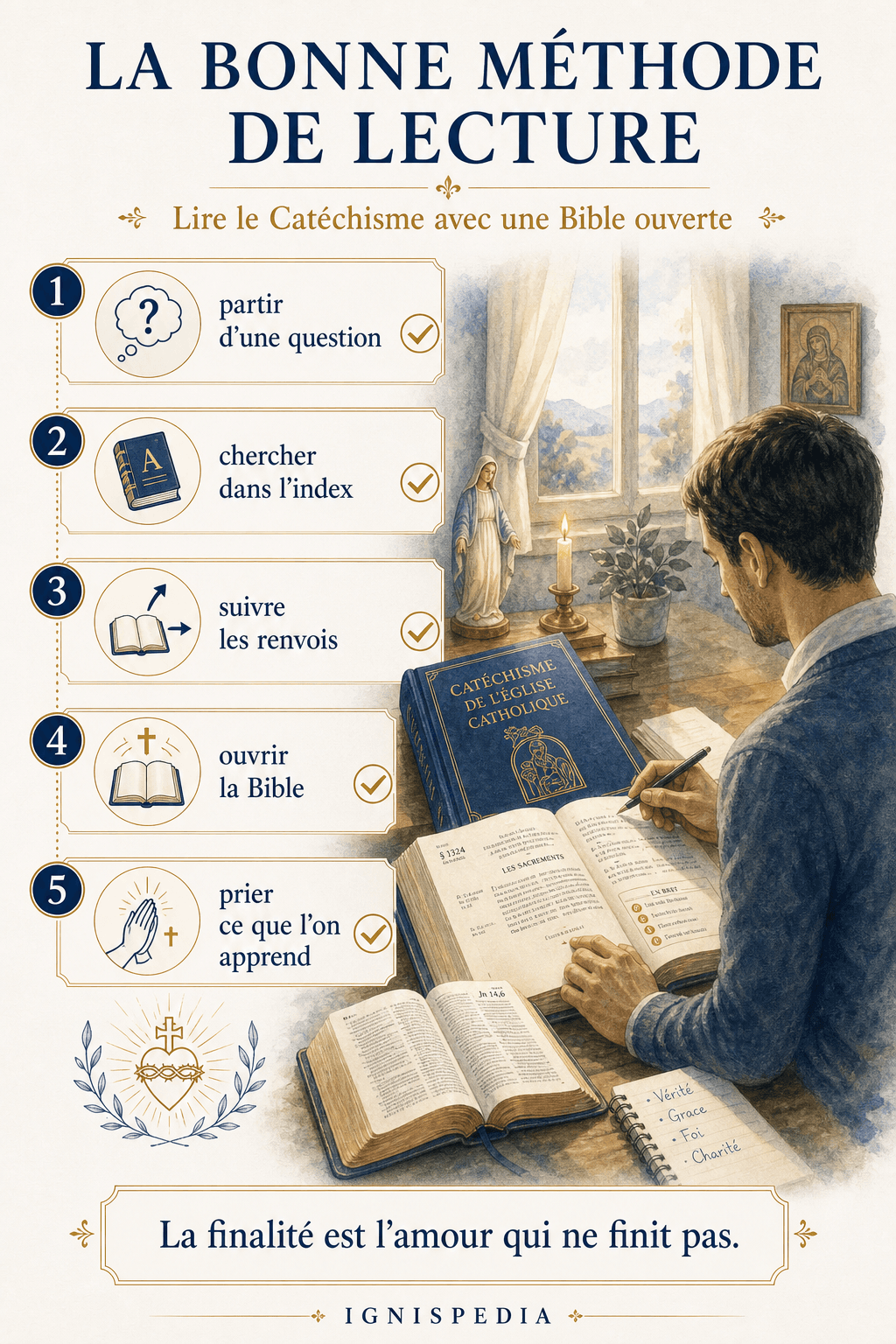 Infografik zur richtigen Methode, den Katechismus mit aufgeschlagener Bibel zu lesen