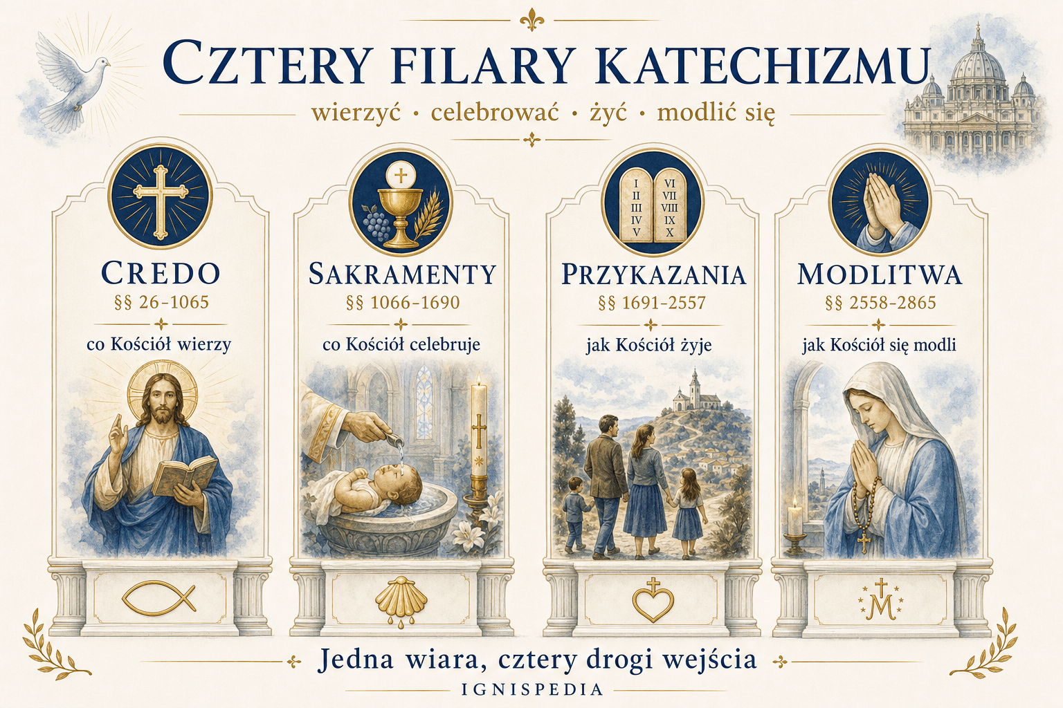 Infografika czterech filarów Katechizmu: Credo, sakramenty, przykazania i modlitwa