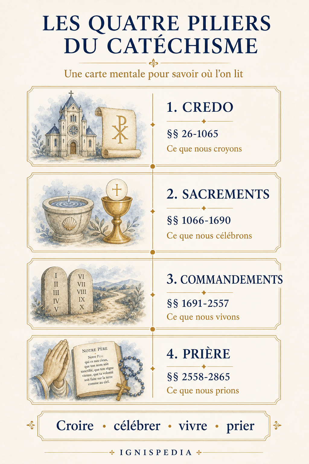 Infografik zu den vier Säulen des Katechismus: Credo, Sakramente, Gebote und Gebet