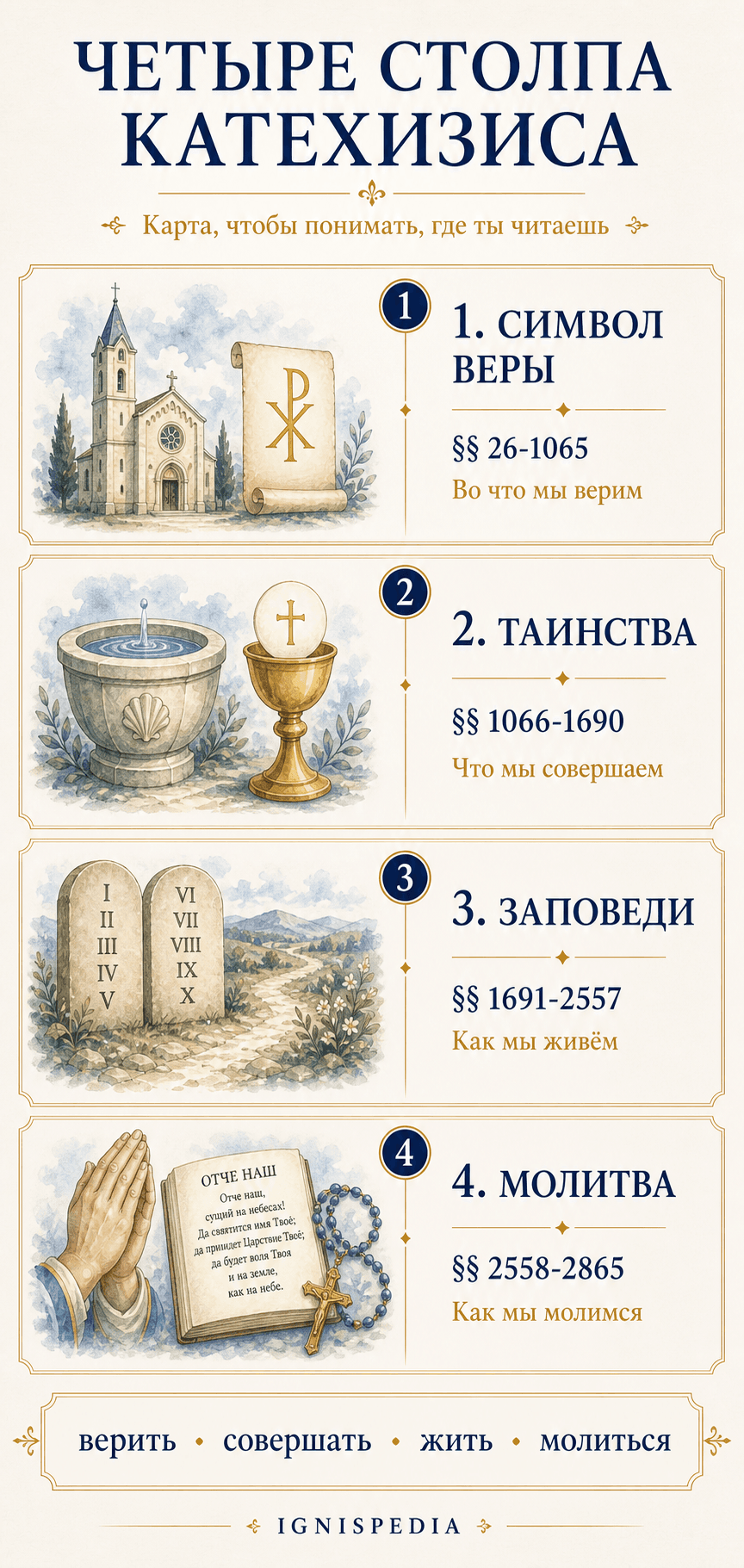Инфография о четырёх столпах Катехизиса: Символ веры, таинства, заповеди и молитва