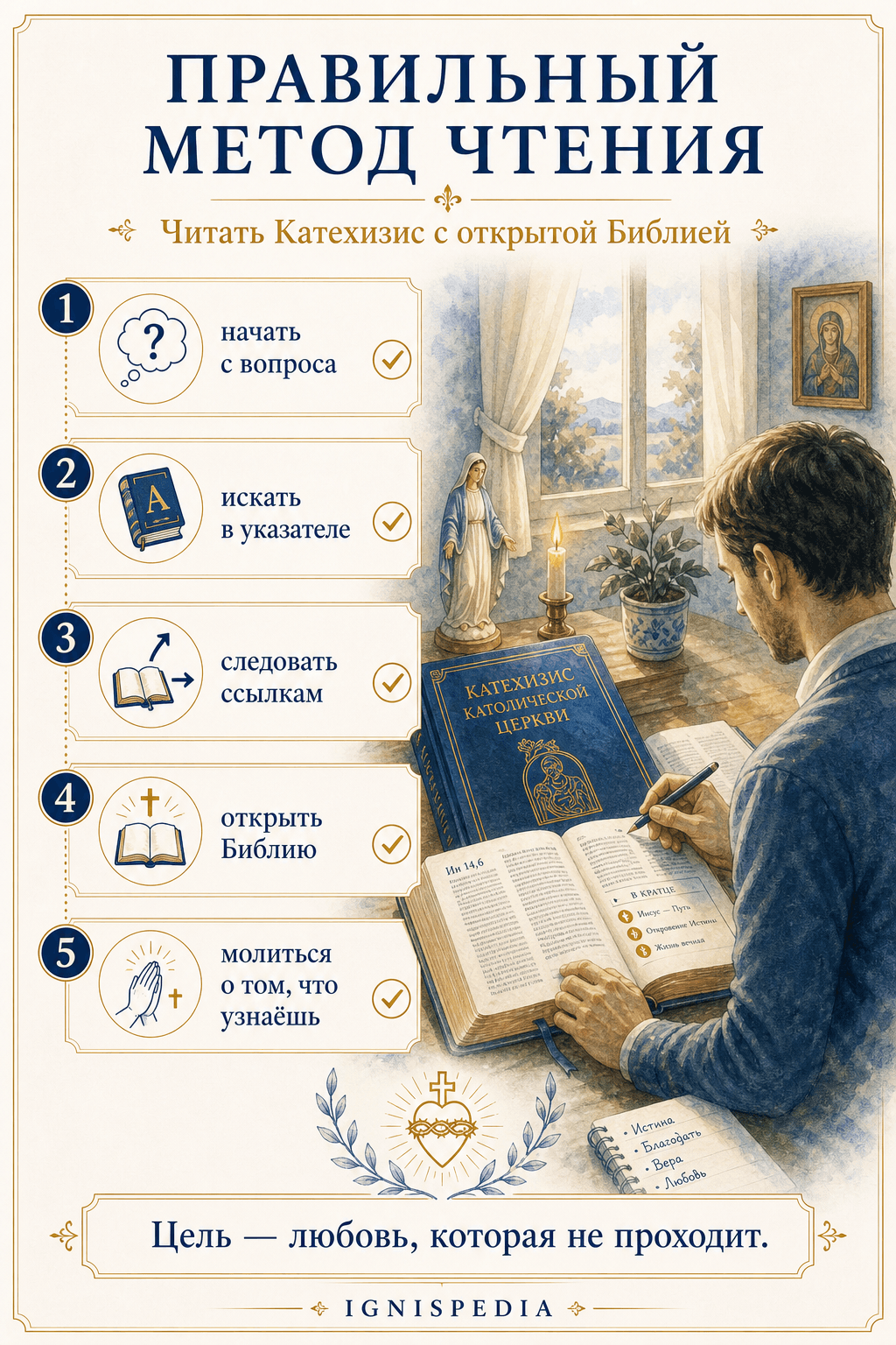Инфография правильного метода чтения Катехизиса с открытой Библией