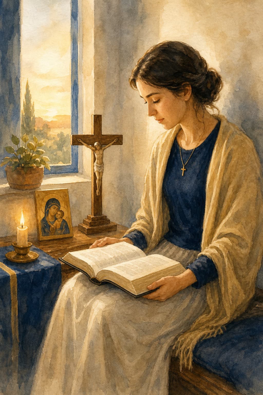 Eine junge Frau in der Stille des Morgens, aufgeschlagene Bibel auf den Knien, sanftes Aquarelllicht