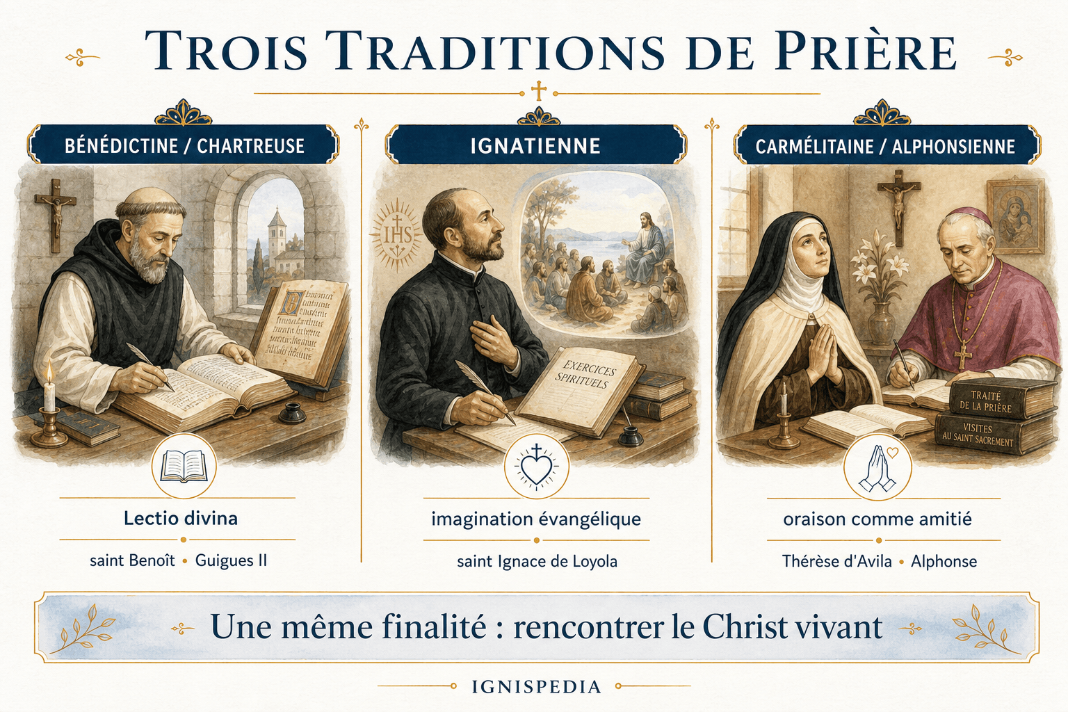 Infographie des trois traditions de prière catholique : bénédictine-chartreuse, ignatienne, carmélitaine-alphonsienne