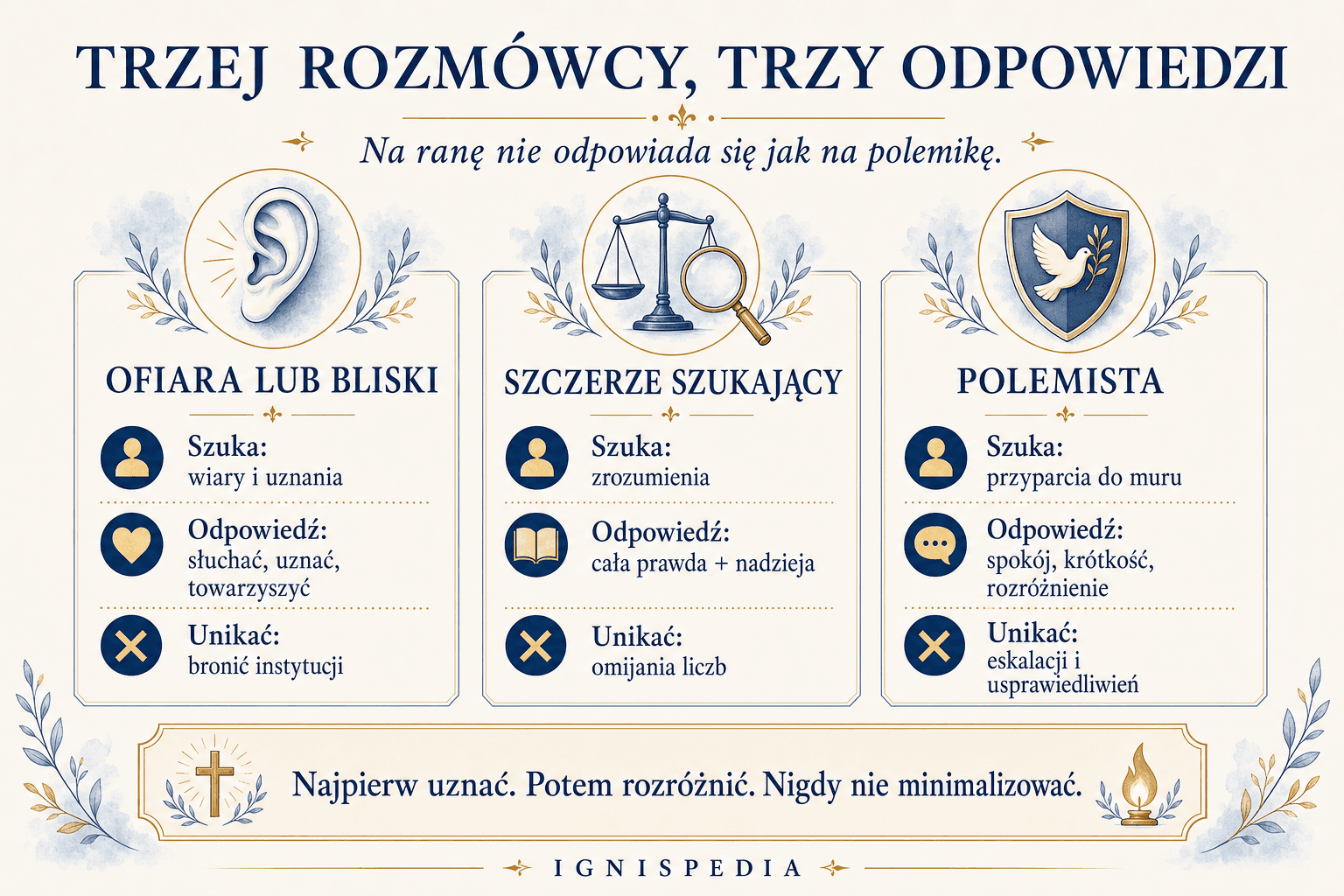 Infografika rozróżniająca trzech rozmówców wobec zarzutu nadużyć: ofiarę lub bliskiego, szczerze szukającego i polemistę