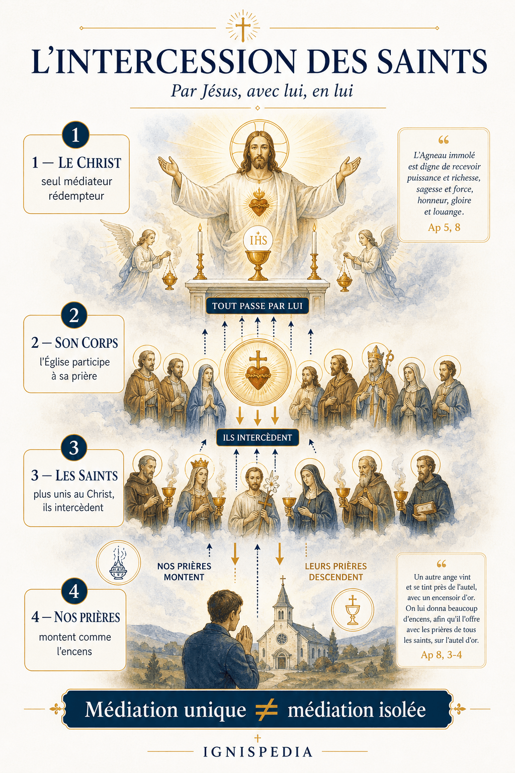 Infographie verticale montrant que l'intercession des saints passe par le Christ, unique médiateur rédempteur, et non à côté de lui.
