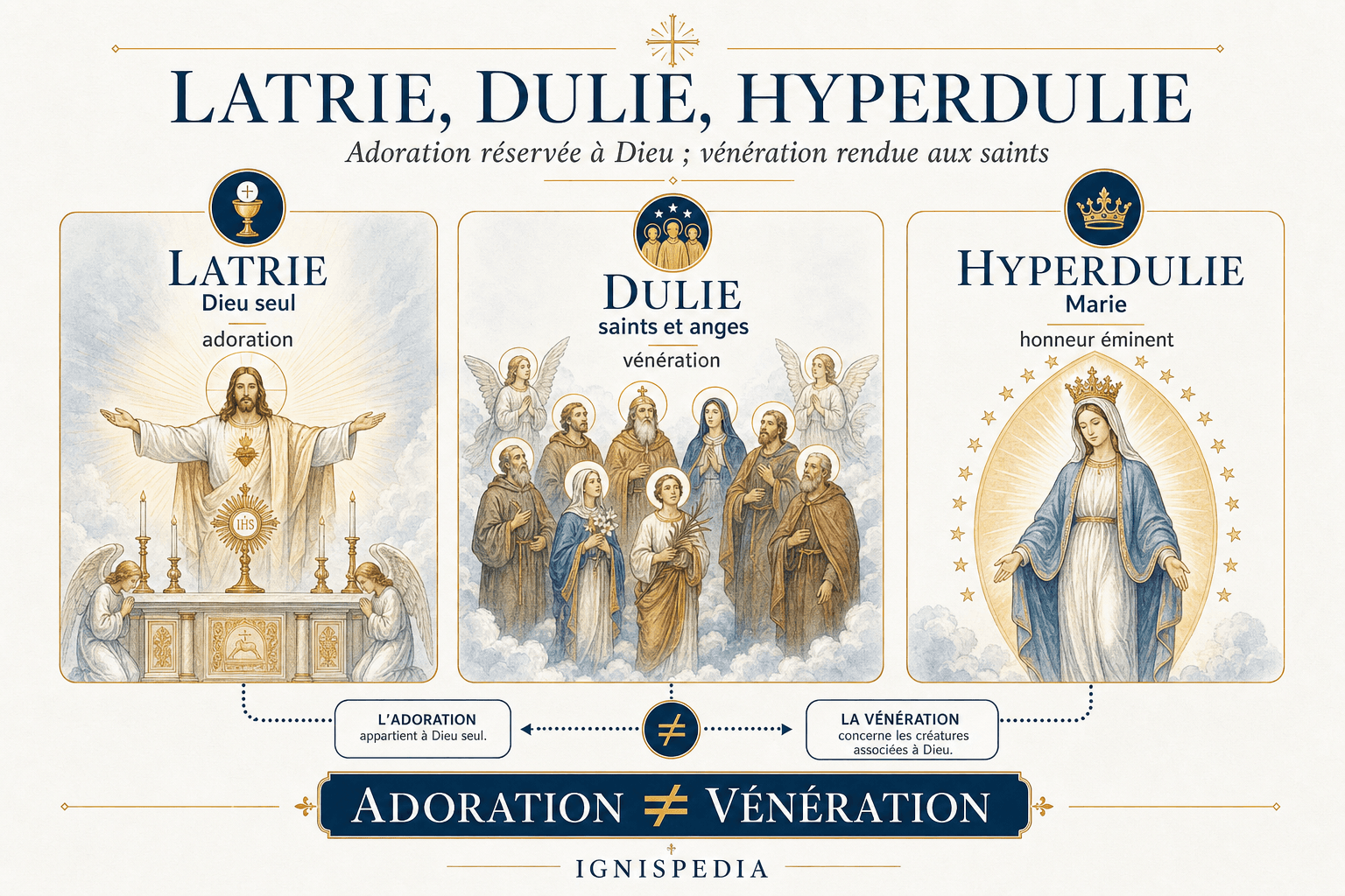 Infographie comparant latrie, dulie et hyperdulie : adoration due à Dieu seul, vénération des saints et honneur éminent rendu à Marie.