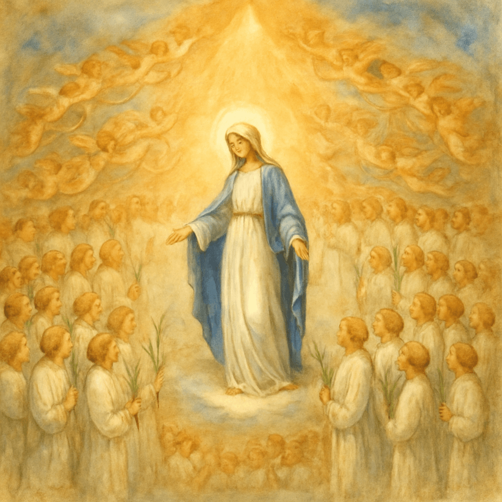 La Vergine Maria circondata dagli angeli e dai santi nella gloria celeste, tutti rivolti verso Dio.