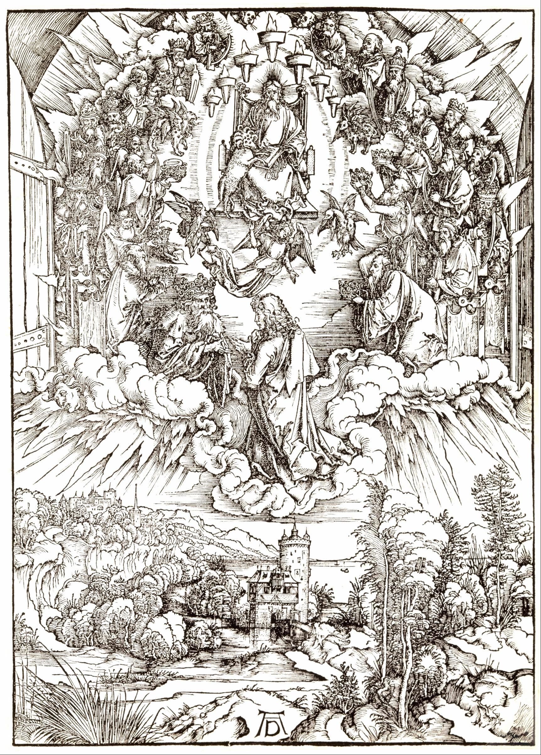 San Giovanni davanti a Dio e agli Anziani — incisione di Albrecht Dürer (serie dell'Apocalisse, 1498).