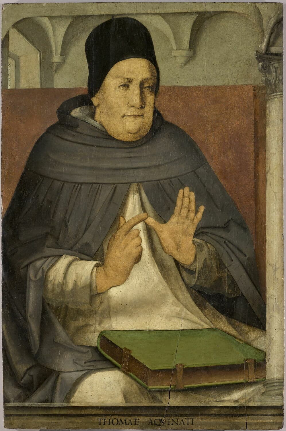 San Tommaso d'Aquino, tavola di Giusto di Gand e Pedro Berruguete (1473–1476, studiolo di Urbino, Louvre).