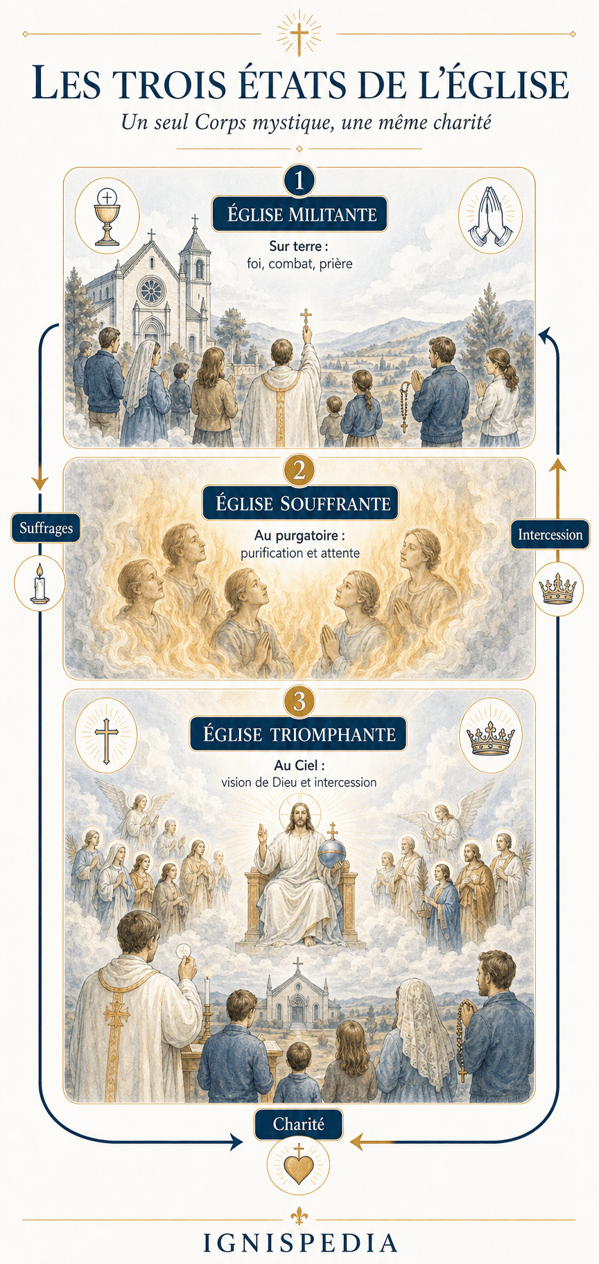 Infographie verticale présentant les trois états de l'Église : militante, souffrante et triomphante, reliés par les suffrages, l'intercession et la charité.