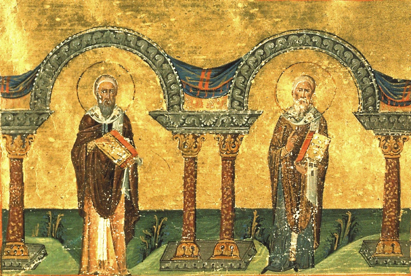Miniature of Saints Athanasius and Cyril of Alexandria in the Menologion of Basil II