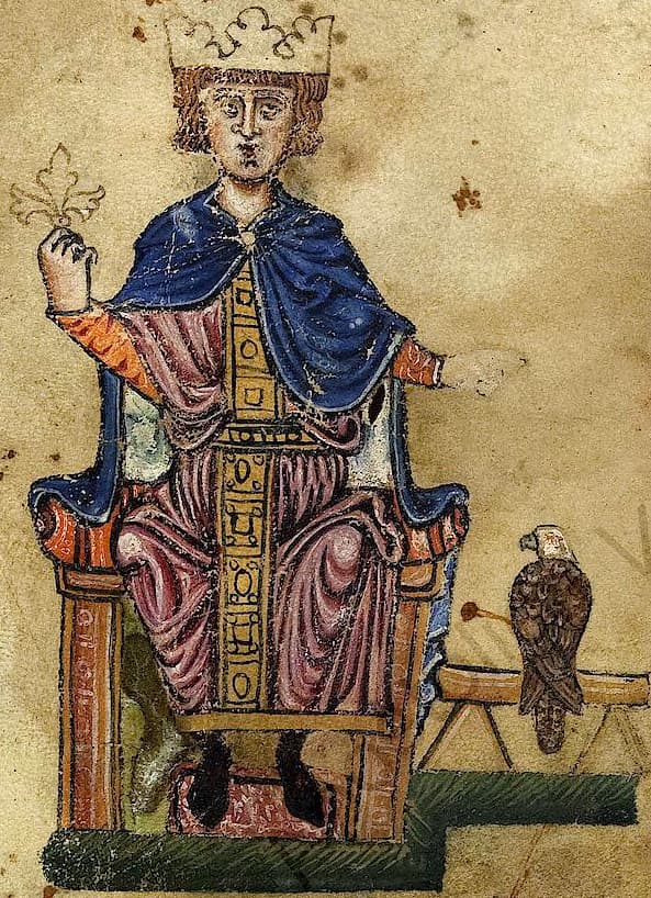 Frédéric II avec son faucon dans un manuscrit du De arte venandi cum avibus