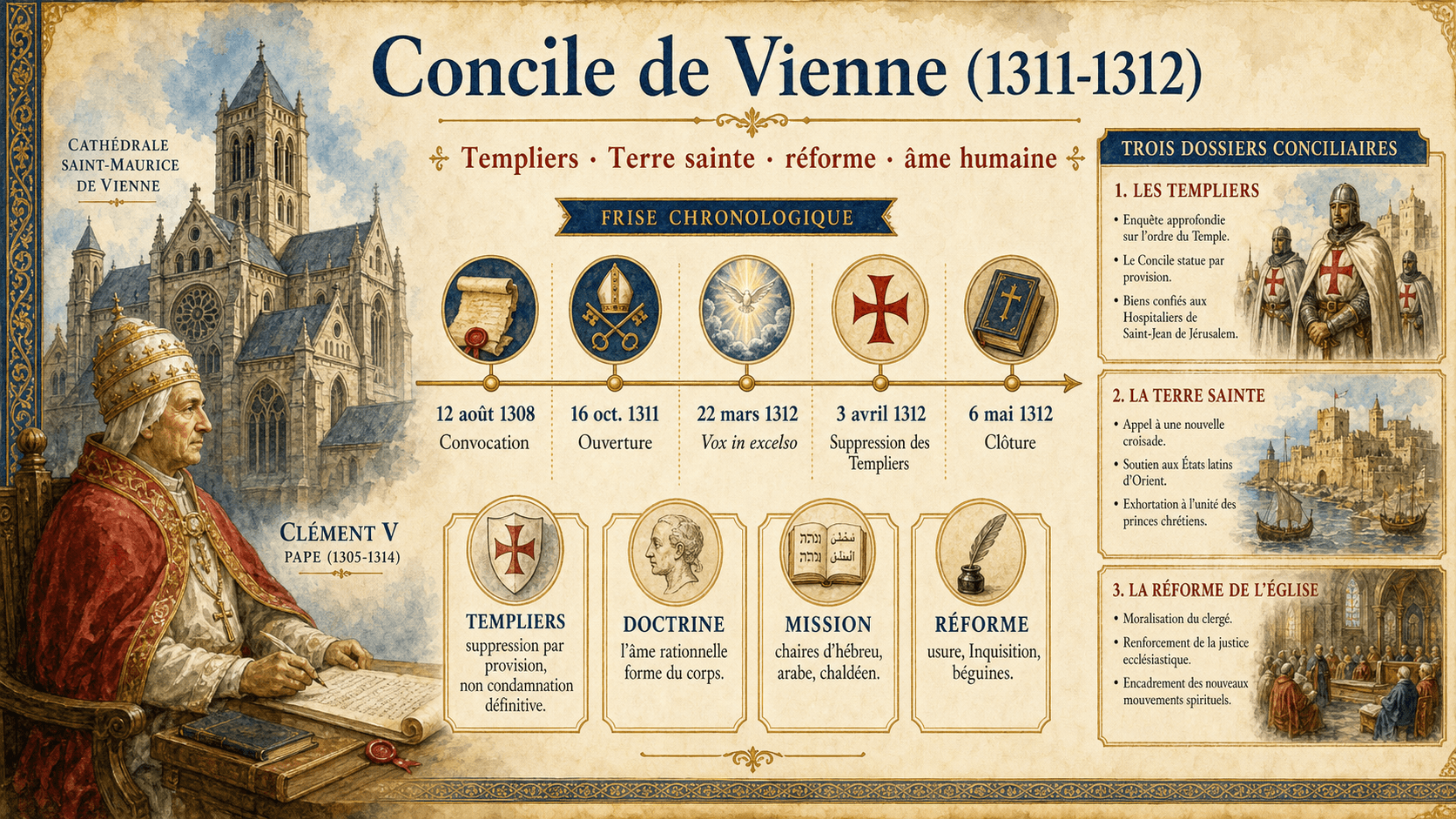 Infographie du concile de Vienne : Templiers, Terre sainte, réforme et âme humaine