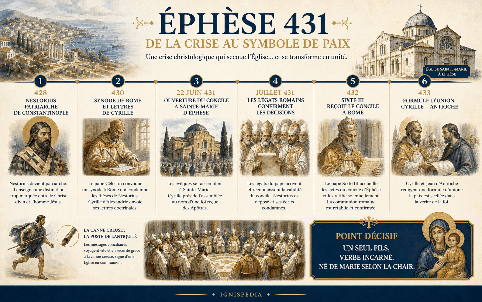 Infographie chronologique de la crise du concile d'Éphèse de 428 à 433