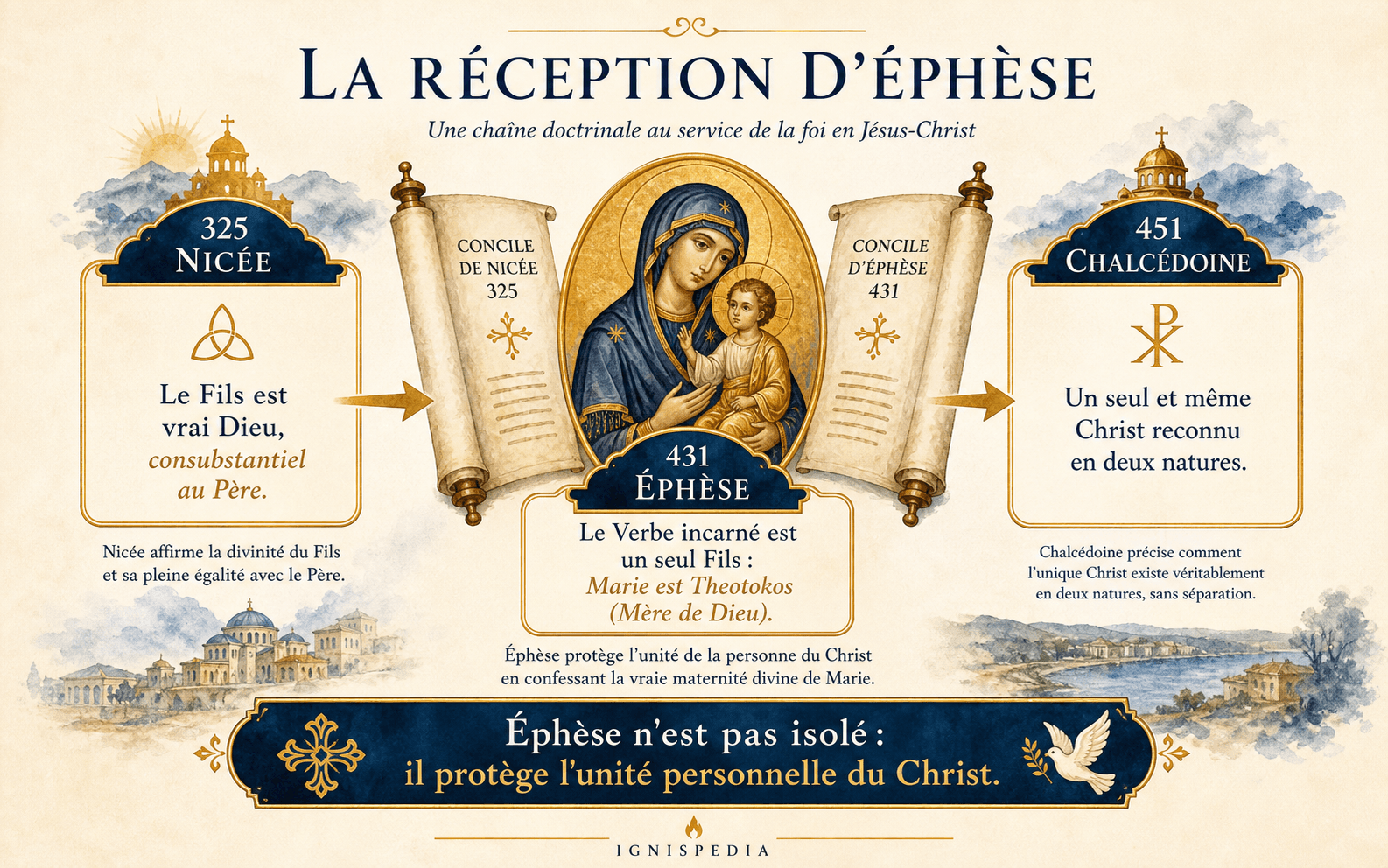 Infographie de la réception doctrinale de Nicée à Éphèse puis Chalcédoine