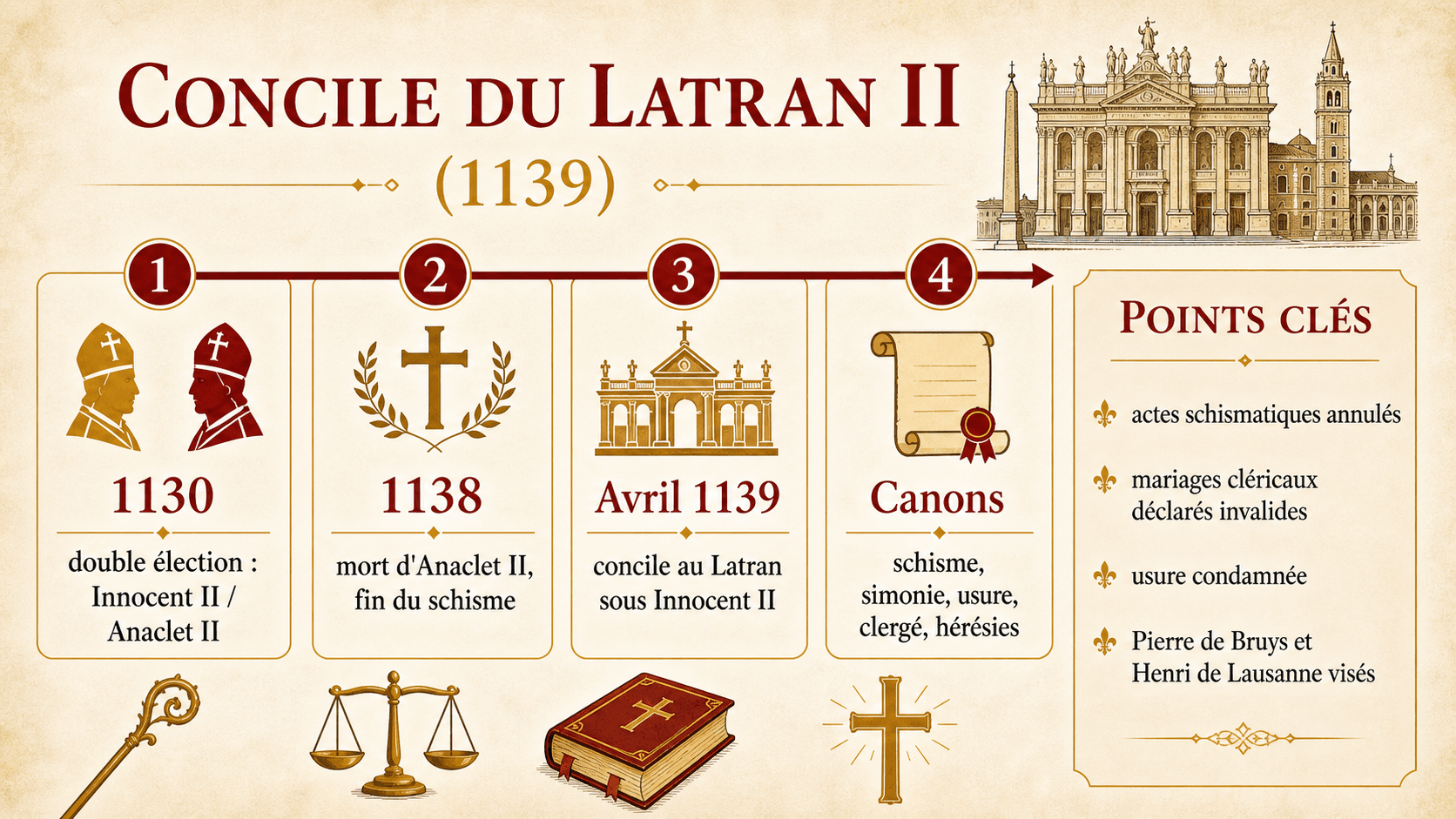 Frise synthétique du concile du Latran II : schisme de 1130, fin en 1138, concile en 1139 et principaux canons