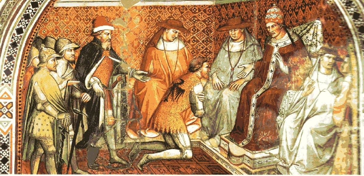 Mittelalterliches Fresko, das Friedrich Barbarossa zeigt, wie er sich der Autorität Alexanders III. unterwirft