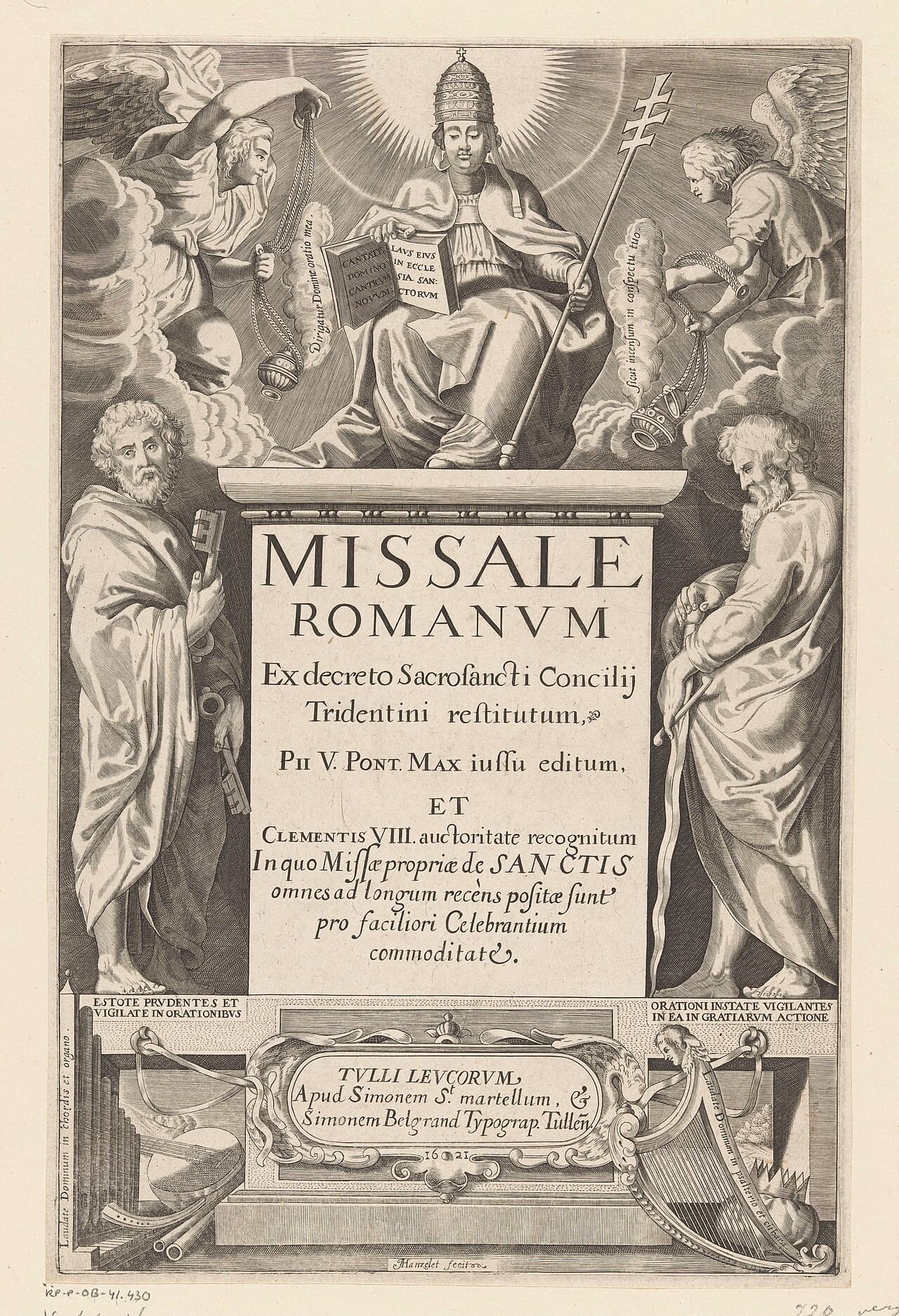 Гравированный титульный лист Missale Romanum (издание 1621 года, Рейксмюсеум): папа на престоле между Петром и Павлом, тридентский миссал, исполняющий поручение собора