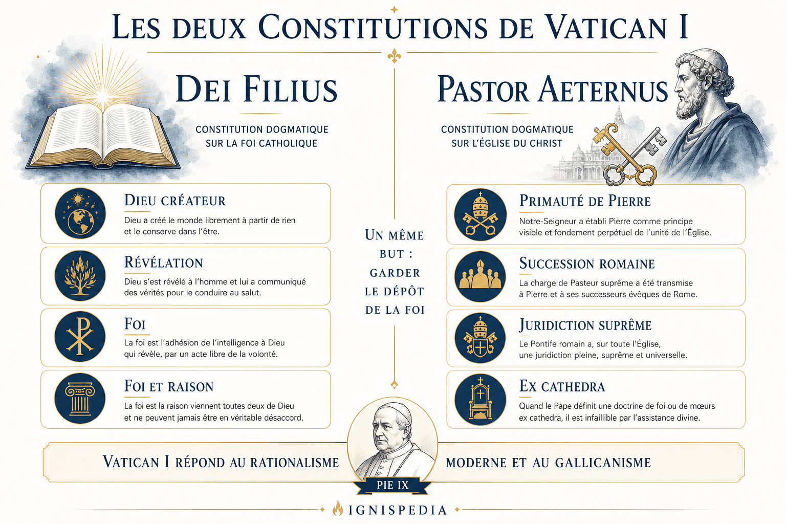 Infographie comparant Dei Filius et Pastor aeternus, les deux constitutions dogmatiques de Vatican I