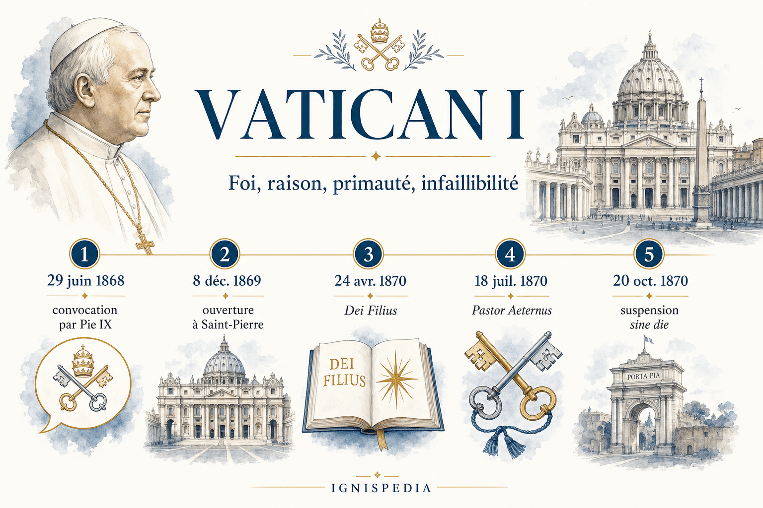 Infographie du concile Vatican I : convocation, ouverture, Dei Filius, Pastor aeternus et suspension