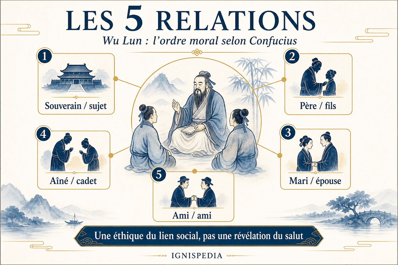 Infographie Ignispedia des cinq relations confucéennes : souverain et sujet, père et fils, mari et épouse, aîné et cadet, ami et ami