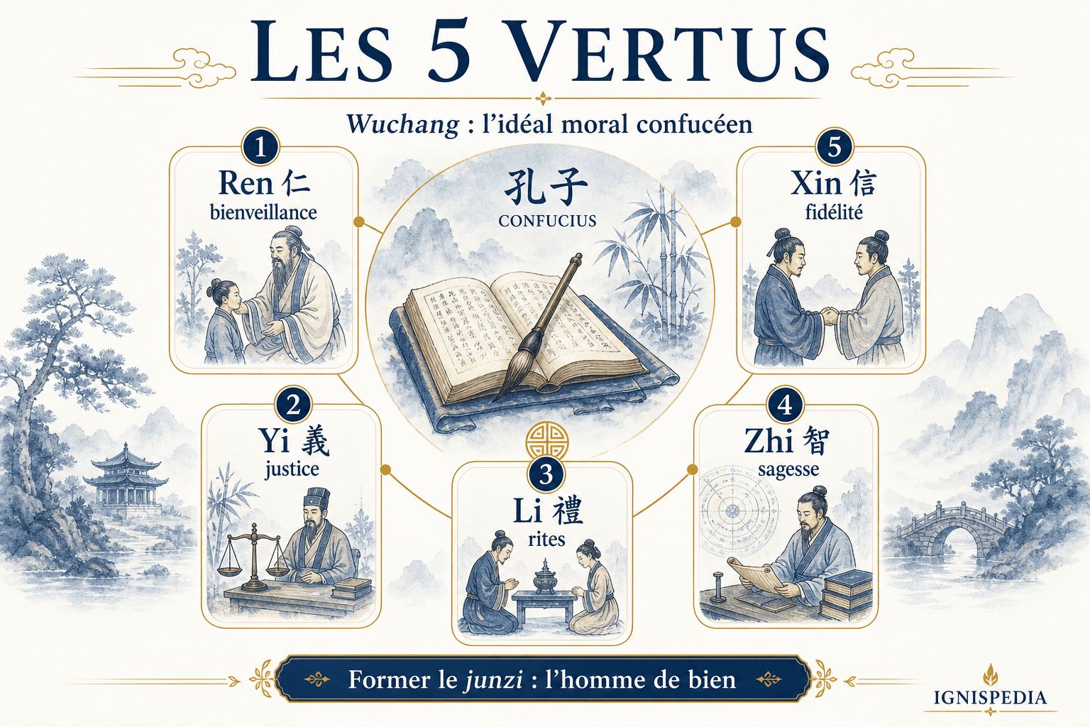 Infographie Ignispedia des cinq vertus constantes du confucianisme : ren, yi, li, zhi, xin