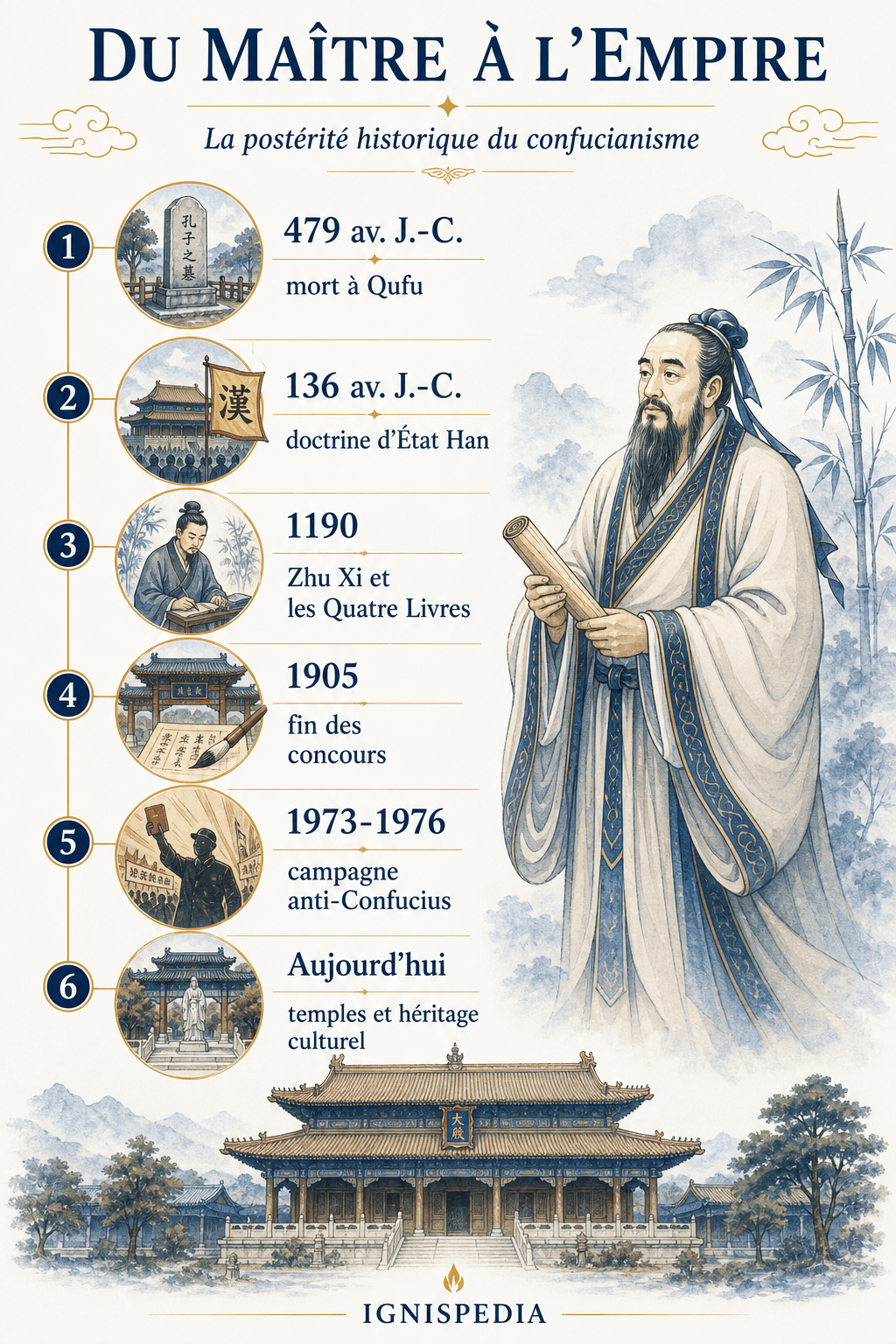 Infographie Ignispedia retraçant la postérité historique de Confucius de 479 avant Jésus-Christ à aujourd'hui