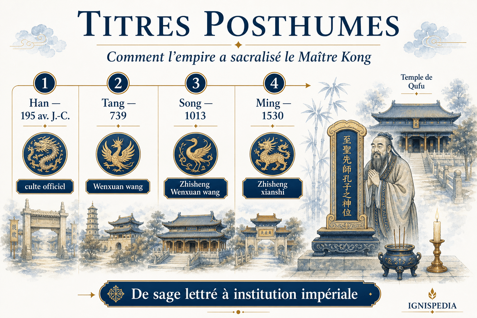 Infographie Ignispedia des titres posthumes donnés à Confucius sous les dynasties Han, Tang, Song et Ming