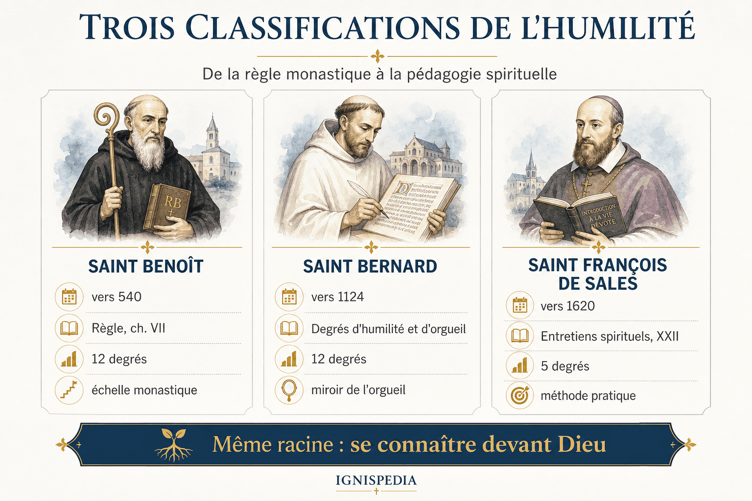 Infographie Ignispedia comparant les classifications de l'humilité chez saint Benoît, saint Bernard et saint François de Sales
