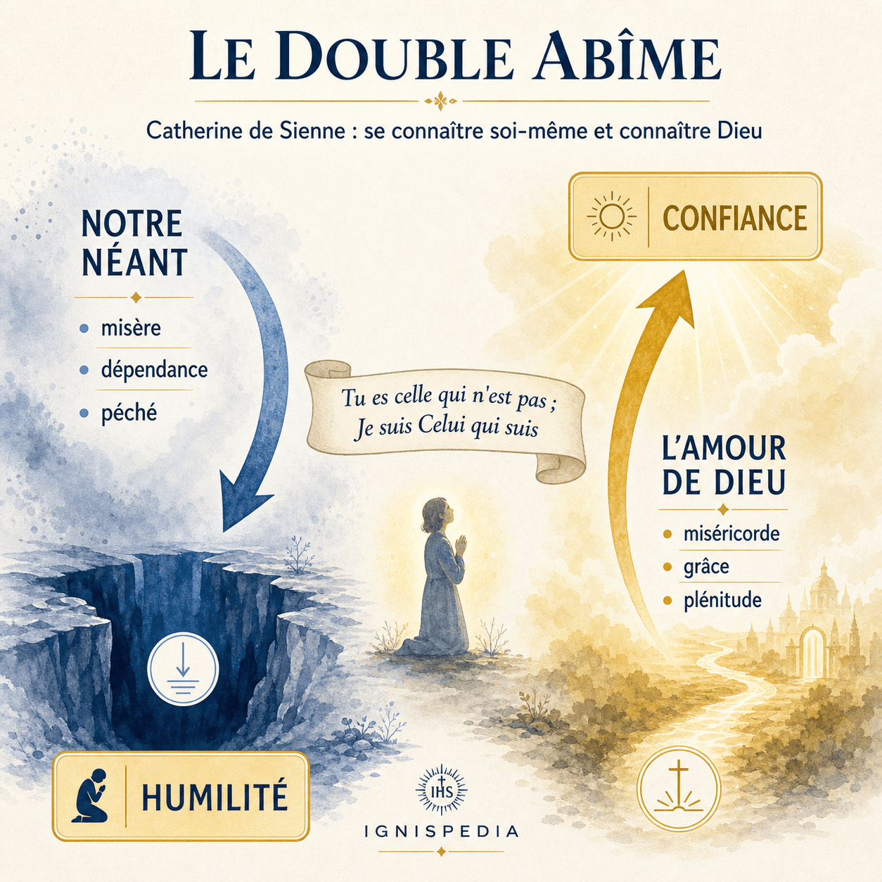 Infographie Ignispedia sur le double abîme : notre néant produit l'humilité, l'Amour de Dieu produit la confiance