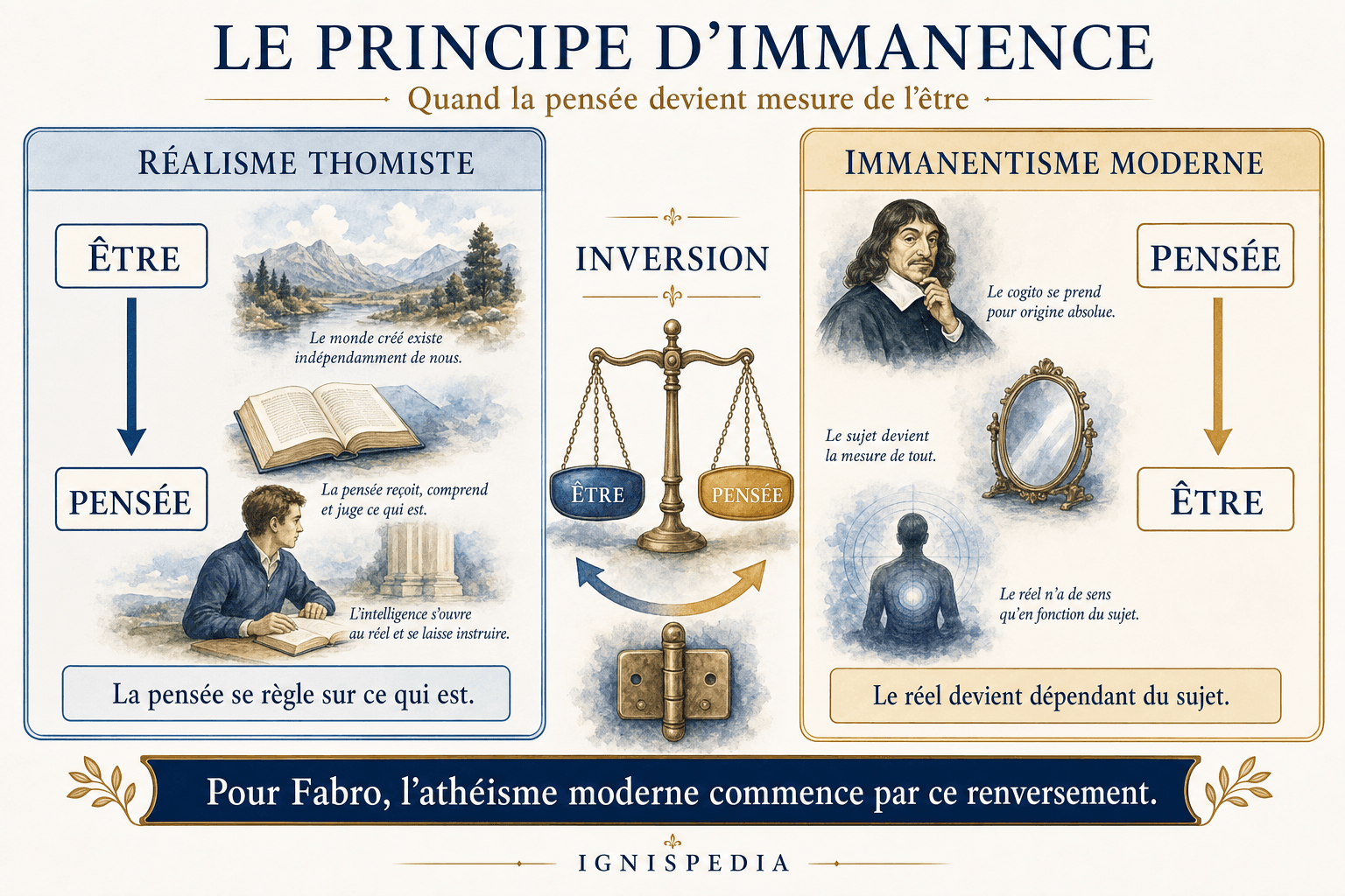 Schéma du principe d'immanence : réalisme thomiste être vers pensée, immanentisme moderne pensée vers être