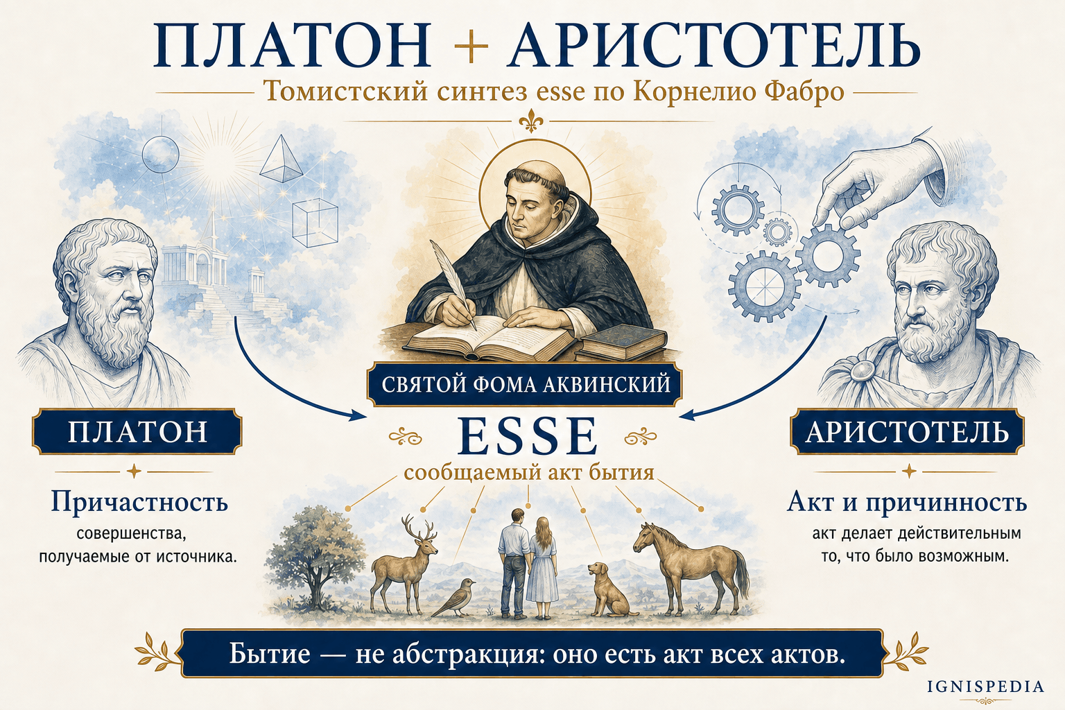 Схема, показывающая Платона и Аристотеля, сходящихся к святому Фоме и esse как акту бытия, передаваемого