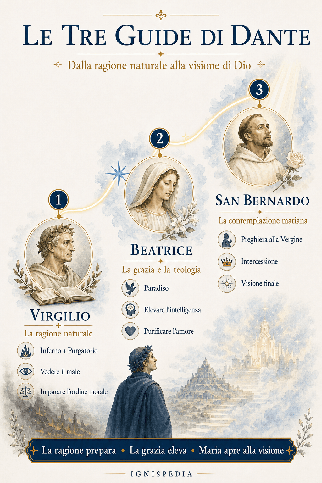 Infografica sui tre guide di Dante: Virgilio, Beatrice e san Bernardo